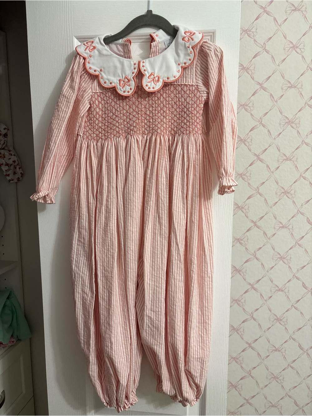 Smocked Pink Striped Girls' jumpsuit with Embroidered Collar